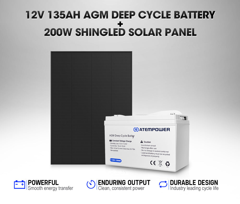 ATEM POWER 135Ah 12V AGM Deep Cycle Battery + 200W Shingled Solar Panel