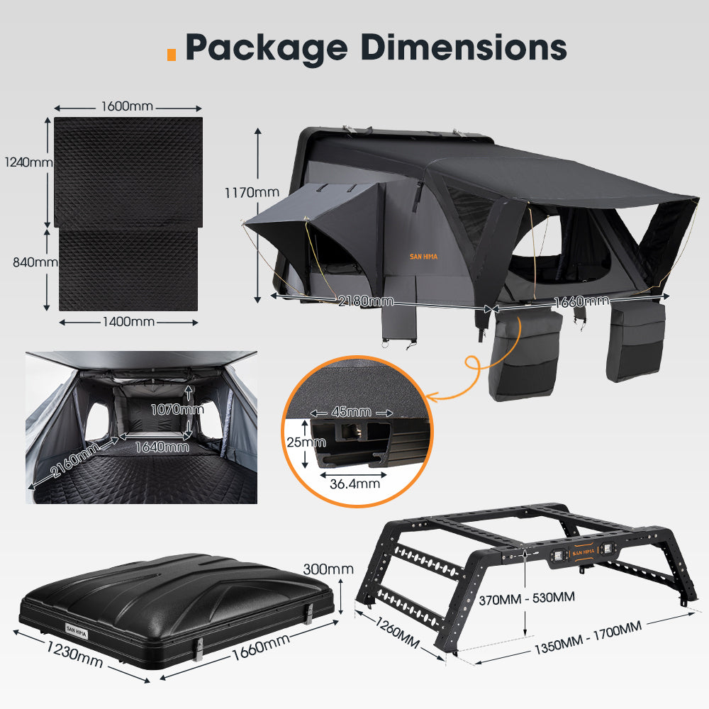 San Hima Jervis Rooftop Tent Hardshell With Ladder + Universal Ute Tub Rack 4WD