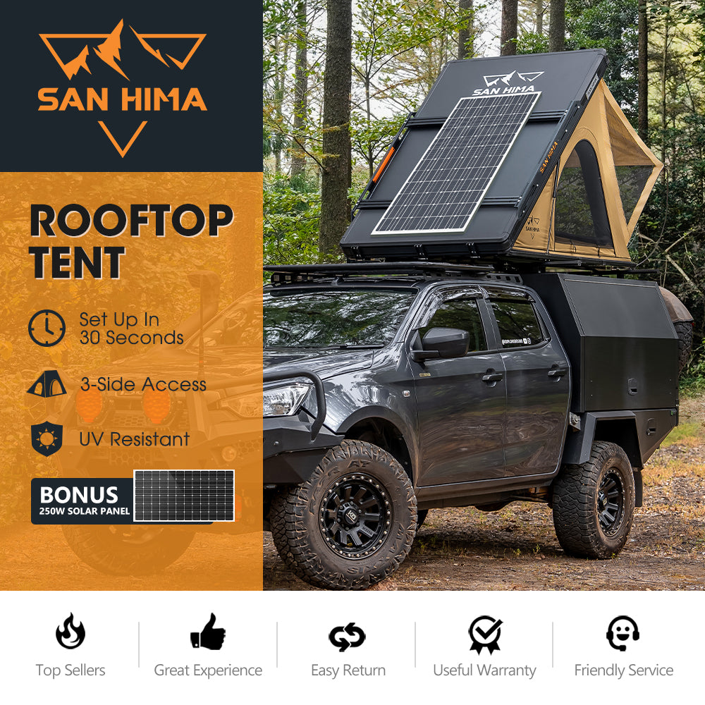 San Hima kalbarri Lite Rooftop Tent Hardshell + Ladder & Rack + 250W Solar Panel