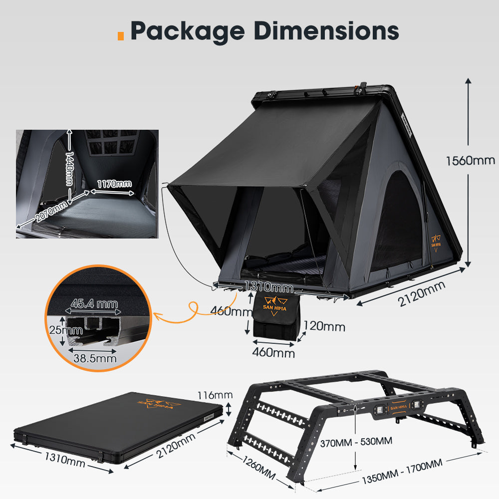 San Hima Kalbarri Lite Rooftop Tent Hardshell Grey + Universal Ute Tub Rack