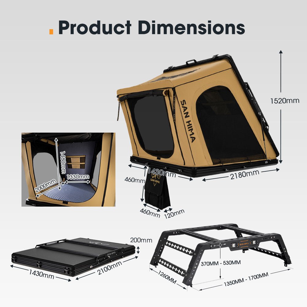 San Hima Kalbarri Gen 2 Roof Top Tent Hardshell Khaki + Universal Ute Tub Rack