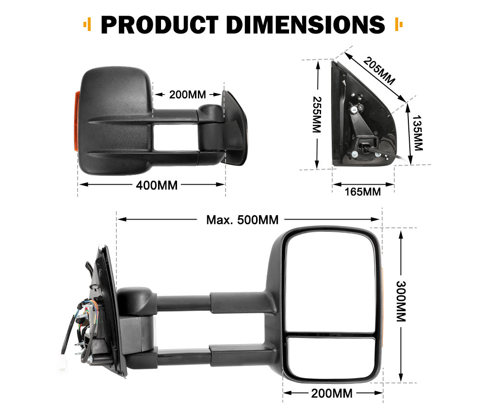 Pair Extendable Towing Mirrors Gen1 for Isuzu D-MAX MY2012-MY2019 Black Pair